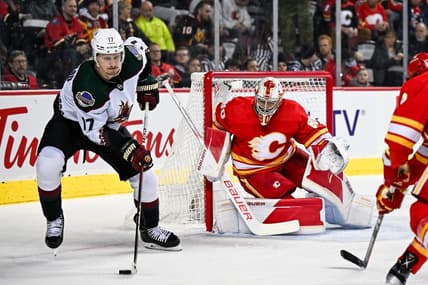Jan 16, 2024; Calgary, Alberta, CAN; Calgary Flames goaltender Daniel Vladar (80) keeps his eye on Arizona Coyotes center Nick Bjugstad (17) and the puck during the first period at Scotiabank Saddledome. Mandatory Credit: Brett Holmes-USA TODAY Sports