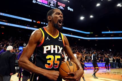 Jan 16, 2024; Phoenix, Arizona, USA; Phoenix Suns forward Kevin Durant (35) celebrates after beating the Sacramento Kings 119-117 at Footprint Center. Mandatory Credit: Mark J. Rebilas-USA TODAY Sports