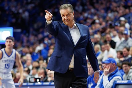 Jan 17, 2024; Lexington, Kentucky, USA; Kentucky Wildcats head coach John Calipari reacts during the first half against the Mississippi State Bulldogs at Rupp Arena at Central Bank Center. Mandatory Credit: Jordan Prather-USA TODAY Sports
