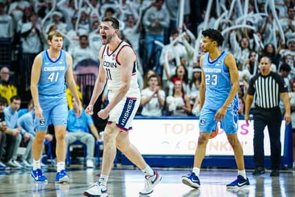 Jan 17, 2024; Storrs, Connecticut, USA; Connecticut Huskies forward Alex Karaban (11) reacts after a play against the Creighton Bluejays in the second half at Harry A. Gampel Pavilion. Mandatory Credit: David Butler II-USA TODAY Sports