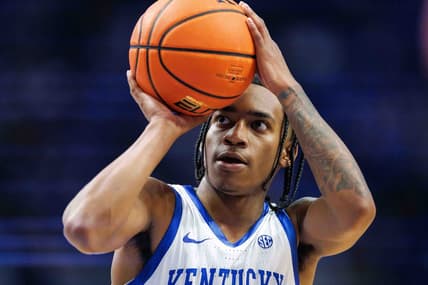 Jan 17, 2024; Lexington, Kentucky, USA; Kentucky Wildcats guard Rob Dillingham (0) shoots a free throw during the second half against the Mississippi State Bulldogs at Rupp Arena at Central Bank Center. Mandatory Credit: Jordan Prather-USA TODAY Sports