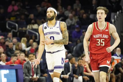 Jan 17, 2024; Evanston, Illinois, USA; Northwestern Wildcats guard Boo Buie (0) gestures after a three point basket against the Maryland Terrapins during the first half at Welsh-Ryan Arena. Mandatory Credit: David Banks-USA TODAY Sports