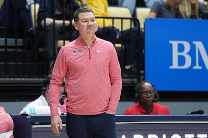 Dec 29, 2023; Berkeley, California, USA; Arizona Wildcats head coach Tommy Lloyd stands in front of the bench during the second half against the California Golden Bears at Haas Pavilion. Mandatory Credit: Darren Yamashita-USA TODAY Sports