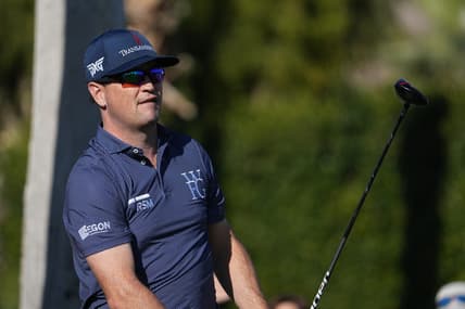 Jan 18, 2024; La Quinta, California, USA; Zach Johnson hits his tee shot on the first hole during the first round of the The American Express golf tournament at La Quinta Country Club. Mandatory Credit: Ray Acevedo-USA TODAY Sports