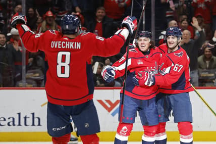 Jan 18, 2024; Washington, District of Columbia, USA; Washington Capitals right wing T.J. Oshie (77) celebrates with Capitals left wing Max Pacioretty (67) after scoring a goal against the St. Louis Blues in the first period at Capital One Arena. Mandatory Credit: Geoff Burke-USA TODAY Sports