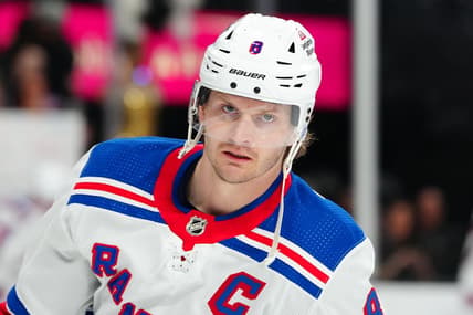 Jan 18, 2024; Las Vegas, Nevada, USA; New York Rangers defenseman Jacob Trouba (8) warms up before a game against the Vegas Golden Knights at T-Mobile Arena. Mandatory Credit: Stephen R. Sylvanie-USA TODAY Sports