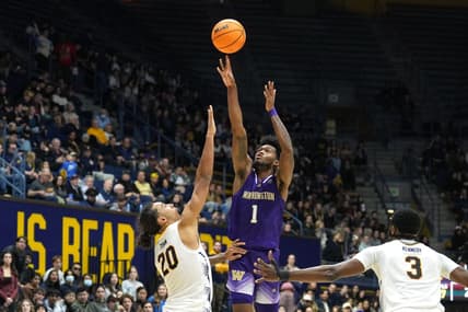 Jan 18, 2024; Berkeley, California, USA; Washington Huskies forward Keion Brooks Jr. (1) shoots against California Golden Bears guard Jaylon Tyson (20) during the first half at Haas Pavilion. Mandatory Credit: Darren Yamashita-USA TODAY Sports