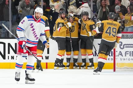 Jan 18, 2024; Las Vegas, Nevada, USA; Vegas Golden Knights right wing Jonathan Marchessault (81) celebrates with team mates after scoring a goal against the New York Rangers during the first period at T-Mobile Arena. Mandatory Credit: Stephen R. Sylvanie-USA TODAY Sports