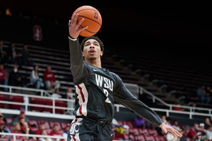 Jan 18, 2024; Stanford, California, USA; Washington State Cougars guard Myles Rice (2) shoots the ball against the Stanford Cardinal  during the first half at Maples Pavilion. Mandatory Credit: Robert Edwards-USA TODAY Sports