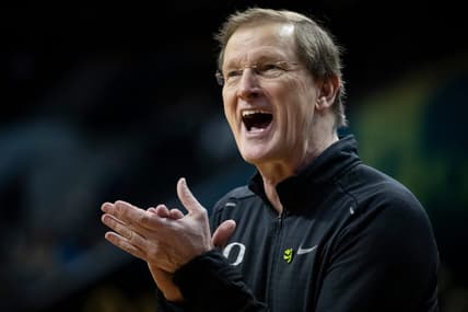 Oregon head coach Dana Altman cheers on his team as the Oregon Ducks host the California Golden Bears Saturday, Jan. 13, 2024 at Matthew Knight Arena in Eugene, Ore.