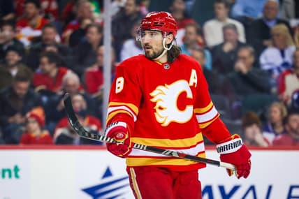 Jan 18, 2024; Calgary, Alberta, CAN; Calgary Flames defenseman Chris Tanev (8) against the Toronto Maple Leafs during the second period at Scotiabank Saddledome. Mandatory Credit: Sergei Belski-USA TODAY Sports