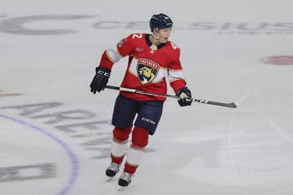Jan 19, 2024; Sunrise, Florida, USA; Florida Panthers defenseman Gustav Forsling (42) looks on after scoring against the Minnesota Wild during the third period at Amerant Bank Arena. Mandatory Credit: Sam Navarro-USA TODAY Sports