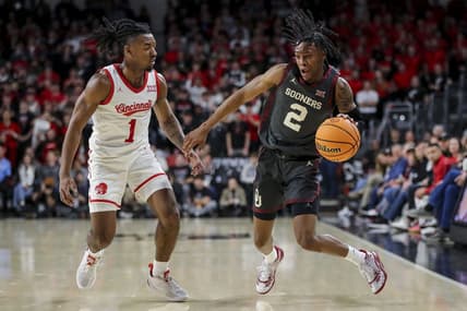 Jan 20, 2024; Cincinnati, Ohio, USA; Oklahoma Sooners guard Javian McCollum (2) dribbles against Cincinnati Bearcats guard Day Day Thomas (1) in the first half at Fifth Third Arena. Mandatory Credit: Katie Stratman-USA TODAY Sports