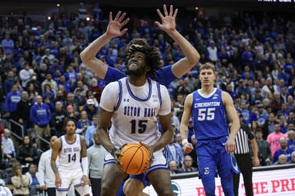 Jan 20, 2024; Newark, New Jersey, USA; Seton Hall Pirates center Jaden Bediako (15) looks to shoot as Creighton Bluejays center Ryan Kalkbrenner (11) defends during the second half at Prudential Center. Mandatory Credit: Vincent Carchietta-USA TODAY Sports