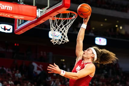 Jan 20, 2024; Lincoln, Nebraska, USA; Nebraska Cornhuskers forward Josiah Allick (53) shoots the ball against the Northwestern Wildcats during the first half at Pinnacle Bank Arena. Mandatory Credit: Dylan Widger-USA TODAY Sports