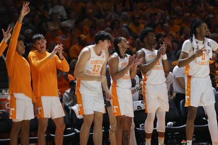 Jan 20, 2024; Knoxville, Tennessee, USA; The Tennessee Volunteers bench reacts to a three-point shot against the Alabama Crimson Tide during the first half at Thompson-Boling Arena at Food City Center. Mandatory Credit: Randy Sartin-USA TODAY Sports