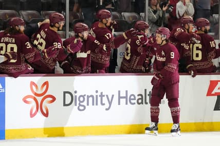 Jan 20, 2024; Tempe, Arizona, USA; Arizona Coyotes right wing Clayton Keller (9) celebrates his goal against the Nashville Predators during the first period at Mullett Arena. Mandatory Credit: Joe Camporeale-USA TODAY Sports