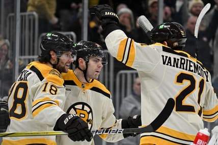 oJan 20, 2024; Boston, Massachusetts, USA; Boston Bruins left wing Jake DeBrusk (74) celebrates with  left wing James van Riemsdyk (21) after scoring a goal against the Montreal Canadiens during the first period at the TD Garden. Mandatory Credit: Brian Fluharty-USA TODAY Sports