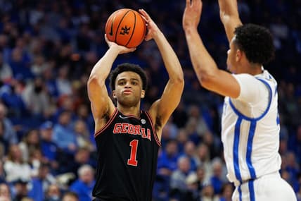 Jan 20, 2024; Lexington, Kentucky, USA; Georgia Bulldogs guard Jabri Abdur-Rahim (1) shoots the ball during the first half against the Kentucky Wildcats at Rupp Arena at Central Bank Center. Mandatory Credit: Jordan Prather-USA TODAY Sports