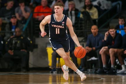 Jan 20, 2024; Atlanta, Georgia, USA; Virginia Cavaliers guard Isaac McKneely (11) dribbles against the Georgia Tech Yellow Jackets in the second half at McCamish Pavilion. Mandatory Credit: Brett Davis-USA TODAY Sports