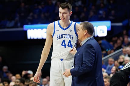 Jan 20, 2024; Lexington, Kentucky, USA; Kentucky Wildcats head coach John Calipari talks with forward Zvonimir Ivisic (44) during the second half against the Georgia Bulldogs at Rupp Arena at Central Bank Center. Mandatory Credit: Jordan Prather-USA TODAY Sports