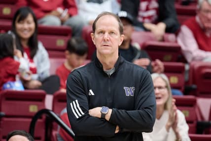 Jan 20, 2024; Stanford, California, USA; Washington Huskies head coach Mike Hopkins watches the play against the Stanford Cardinal during the first half at Maples Pavilion. Mandatory Credit: Robert Edwards-USA TODAY Sports