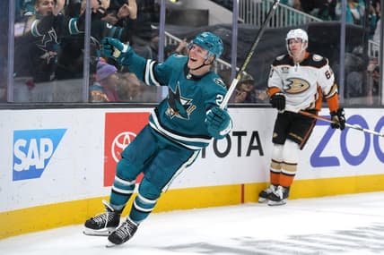 Jan 20, 2024; San Jose, California, USA; San Jose Sharks left wing Fabian Zetterlund (20) reacts after scoring a goal against the Anaheim Ducks during the second period at SAP Center at San Jose. Mandatory Credit: Darren Yamashita-USA TODAY Sports