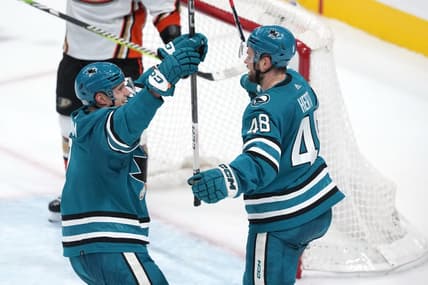 Jan 20, 2024; San Jose, California, USA; San Jose Sharks center Tomas Hertl (48) is congratulated by center Nico Sturm (left) after scoring a goal against the Anaheim Ducks during the third period at SAP Center at San Jose. Mandatory Credit: Darren Yamashita-USA TODAY Sports