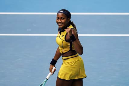 Jan 21, 2024; Melbourne, Victoria, Australia;   Coco Gauff of the United States celebrates her victory over Magdalena Frech of Poland in the fourth round of the women s singles at the Australian Open 2024. Mandatory Credit: Mike Frey-USA TODAY Sports