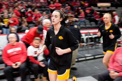 Jan 21, 2024; Columbus, Ohio, USA; Iowa Hawkeyes guard Caitlin Clark (22) takes the court for warm ups prior to the NCAA women   s basketball game against the Ohio State Buckeyes at Value City Arena.