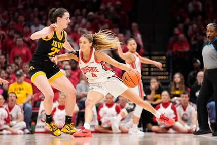 Jan 21, 2024; Columbus, Ohio, USA; Ohio State Buckeyes guard Jacy Sheldon (4) dribbles past Iowa Hawkeyes guard Caitlin Clark (22) during the NCAA women   s basketball game at Value City Arena.