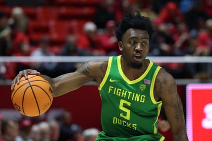 Jan 21, 2024; Salt Lake City, Utah, USA; Oregon Ducks guard Jermaine Couisnard (5) dribbles the ball against the Utah Utes during the first half at Jon M. Huntsman Center. Mandatory Credit: Rob Gray-USA TODAY Sports