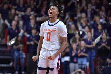 Jan 21, 2024; Champaign, Illinois, USA; Illinois Fighting Illini guard Terrence Shannon Jr. (0) reacts after scoring during the second half against the Rutgers Scarlet Knights at State Farm Center. Mandatory Credit: Ron Johnson-USA TODAY Sports