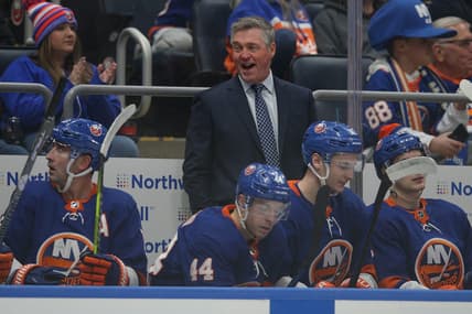 Jan 21, 2024; Elmont, New York, USA; New York Islanders head coach Patrick Roy coaches against the Dallas Stars during the second period at UBS Arena. Mandatory Credit: Brad Penner-USA TODAY Sports