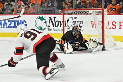 Jan 21, 2024; Philadelphia, Pennsylvania, USA; Ottawa Senators right wing Vladimir Tarasenko (91) scores a goal against Philadelphia Flyers goaltender Samuel Ersson (33) during the third period at Wells Fargo Center. Mandatory Credit: Eric Hartline-USA TODAY Sports