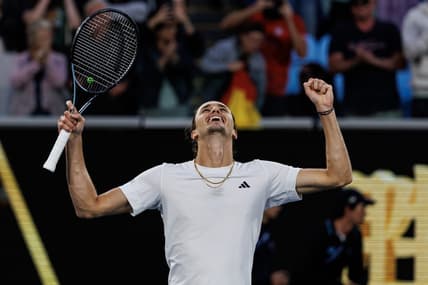 Jan 22, 2024; Melbourne, Victoria, Australia; Alexander Zverev of Germany celebrates his victory over Cameron Norrie of Great Britain in the fourth round of the men s singles at the Australian Open in Melbourne. Mandatory Credit: Mike Frey-USA TODAY Sports
