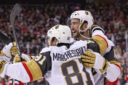 Jan 22, 2024; Newark, New Jersey, USA; Vegas Golden Knights center Nicolas Roy (10) celebrates his goal against the New Jersey Devils during the second period with right wing Jonathan Marchessault (81) at Prudential Center. Mandatory Credit: Vincent Carchietta-USA TODAY Sports