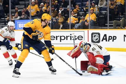 Jan 22, 2024; Nashville, Tennessee, USA; Nashville Predators right wing Denis Gurianov (15) has a shot blocked by Florida Panthers goaltender Anthony Stolarz (41) during the first period at Bridgestone Arena. Mandatory Credit: Christopher Hanewinckel-USA TODAY Sports