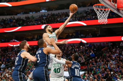 Jan 22, 2024; Dallas, Texas, USA; Boston Celtics forward Jayson Tatum (0) shoots during the first quarter against the Dallas Mavericks at American Airlines Center. Mandatory Credit: Andrew Dieb-USA TODAY Sports
