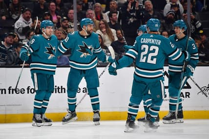 Jan 22, 2024; Los Angeles, California, USA; San Jose Sharks celebrate the goal scored by right wing Justin Bailey (90) against the Los Angeles Kings during the third period at Crypto.com Arena. Mandatory Credit: Gary A. Vasquez-USA TODAY Sports