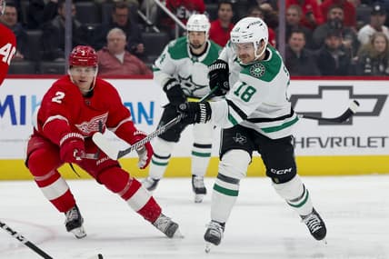Jan 23, 2024; Detroit, Michigan, USA;  Dallas Stars center Sam Steel (18) takes a shot against the Detroit Red Wings at Little Caesars Arena. Mandatory Credit: Rick Osentoski-USA TODAY Sports