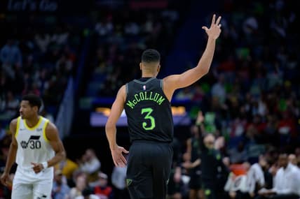 Jan 23, 2024; New Orleans, Louisiana, USA; New Orleans Pelicans guard CJ McCollum (3) celebrates a three-point basket against the Utah Jazz during the second half at Smoothie King Center. Mandatory Credit: Matthew Hinton-USA TODAY Sports