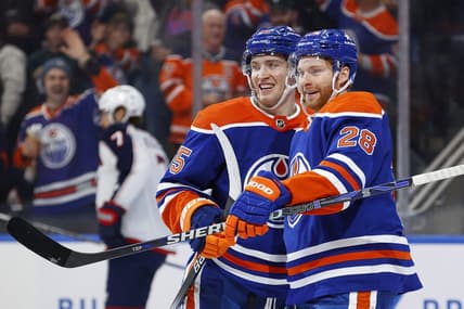 Jan 23, 2024; Edmonton, Alberta, CAN; The Edmonton Oilers celebrate a goal scored by forward Dylan Holloway (55) during the third period against the Columbus Blue Jackets at Rogers Place. Mandatory Credit: Perry Nelson-USA TODAY Sports