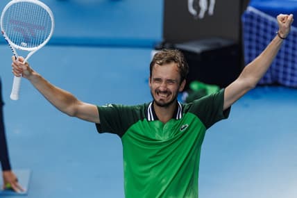 Jan 24, 2024; Melbourne, Victoria, Australia;  Daniil Medvedev of Russia celebrates his victory over Hubert Hurkacz of Poland in the quarter final of the men   s singles at the Australian Open.Mandatory Credit: Mike Frey-USA TODAY Sports