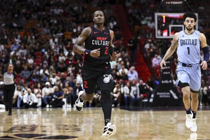 Jan 24, 2024; Miami, Florida, USA; Miami Heat guard Terry Rozier (2) runs on the court against the Memphis Grizzlies during the second quarter at Kaseya Center. Mandatory Credit: Sam Navarro-USA TODAY Sports