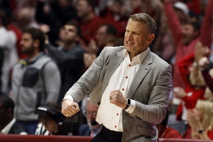 Jan 24, 2024; Tuscaloosa, Alabama, USA; Alabama Crimson Tide head coach Nate Oats reacts after a scoring play against the Auburn Tigers during the first half at Coleman Coliseum. Mandatory Credit: Butch Dill-USA TODAY Sports