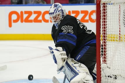Jan 24, 2024; Toronto, Ontario, CAN; Toronto Maple Leafs goaltender Ilya Samsonov (35) goes to make a save against the Winnipeg Jets during the second period at Scotiabank Arena. Mandatory Credit: John E. Sokolowski-USA TODAY Sports