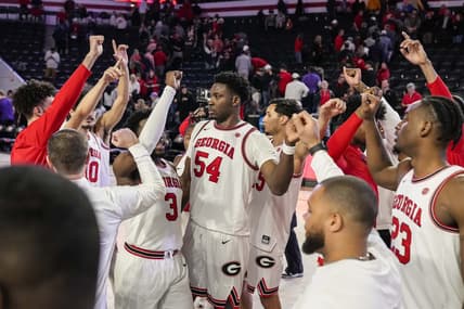 Jan 24, 2024; Athens, Georgia, USA; Georgia Bulldogs players react after defeating the LSU Tigers at Stegeman Coliseum. Mandatory Credit: Dale Zanine-USA TODAY Sports