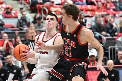 Jan 24, 2024; Pullman, Washington, USA; Washington State Cougars forward Andrej Jakimovski (23) shoots the ball against Utah Utes guard Luka Tarlac (21) in the first half at Friel Court at Beasley Coliseum. Mandatory Credit: James Snook-USA TODAY Sports