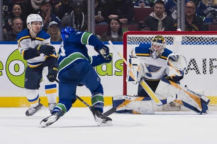 Jan 24, 2024; Vancouver, British Columbia, CAN; St. Louis Blues goalie Joel Hofer (30) prepares to make as save on Vancouver Canucks forward Pius Suter (24) in the first period at Rogers Arena. Mandatory Credit: Bob Frid-USA TODAY Sports